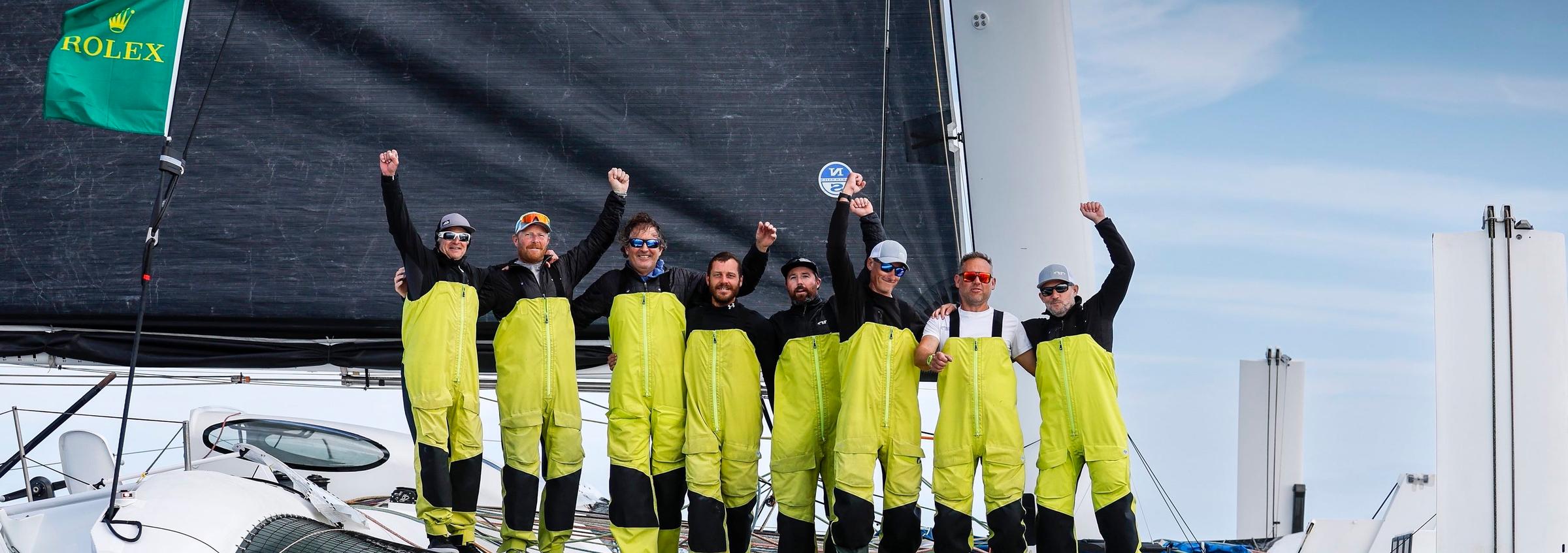 Argo's winning crew celebrate their victory as first MOD70 over the finish line in Cherbourg-en-Cotentin © Paul Wyeth/pwpictures.com/RORC 
