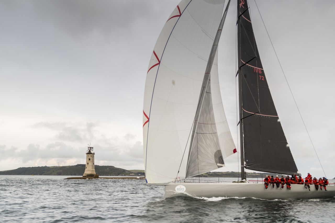 Momo, Maxi 72 skippered by Jan-henrik Kisteit, finishes the Rolex Fastnet Race. Photo: Rolex/Kurt Arrigo