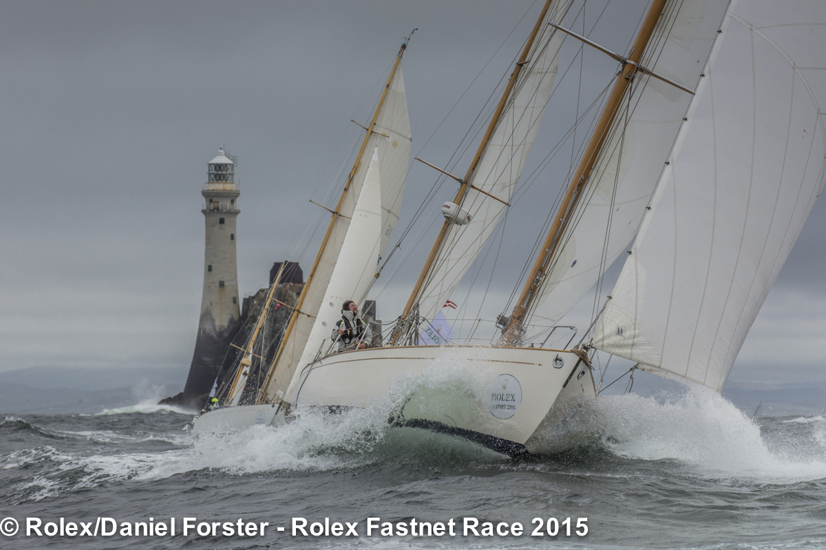 Stormy Weather of Cowes and Dorade round the Fastnet Rock within touching distance of each other. Photo: Rolex/Daniel Forster Stormy Weather of Cowes and Dorade round the Fastnet Rock within touching distance of each other. Photo: Rolex/Daniel Forster