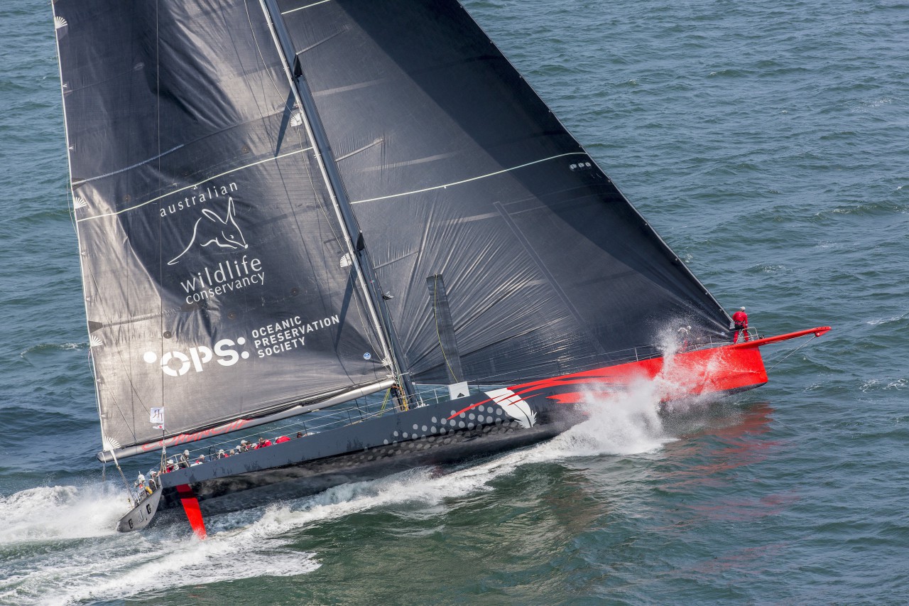 Jim Clark and Kristy Hinze Clark's 100ft Comanche at the start of the Transatlantic Race 2015. Photo: Daniel Forster