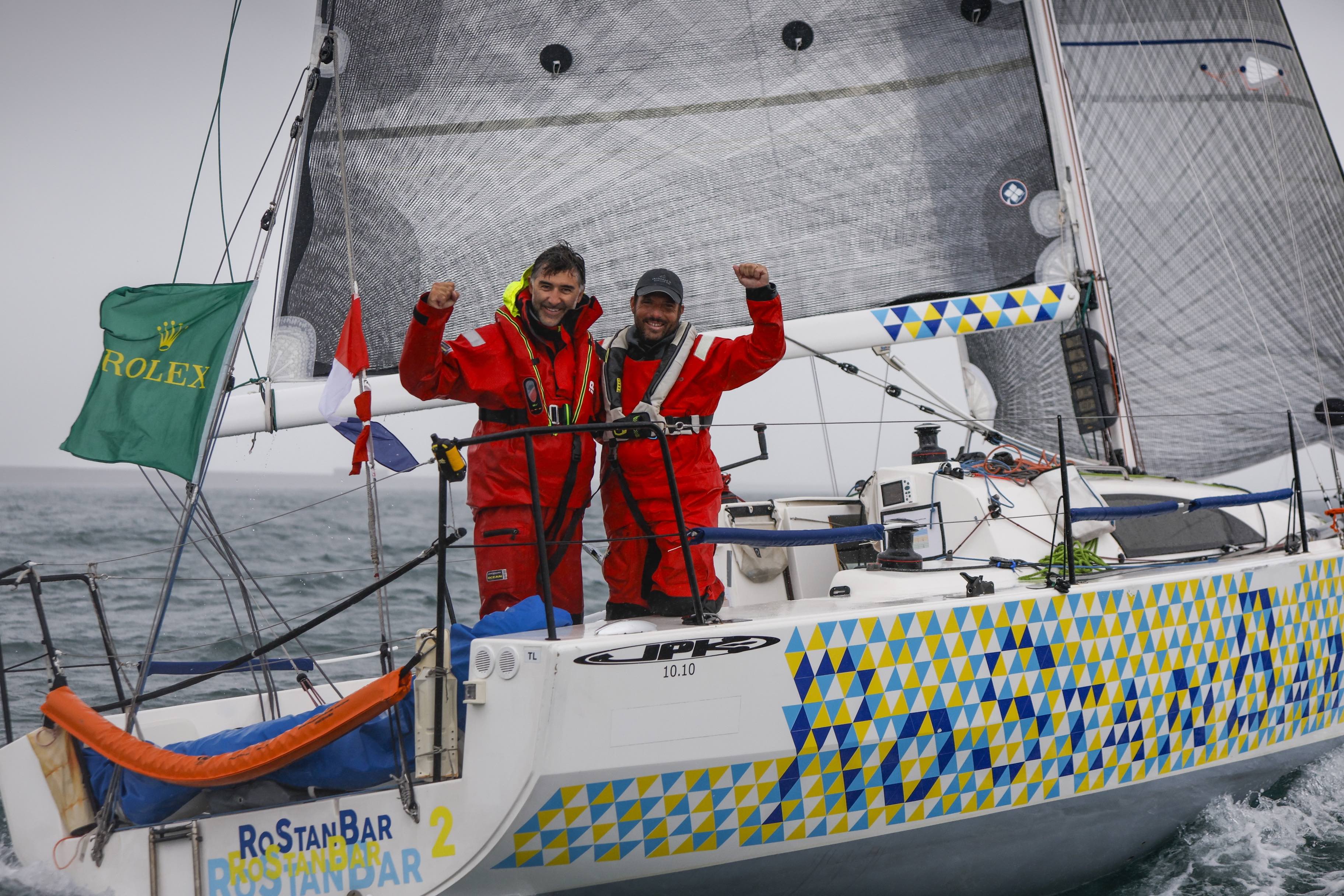 Romain Gibon's Les P'tits Doudous en Duo at the finish in Cherbourg-en-Cotentin © Paul Wyeth/www.pwpictures.com