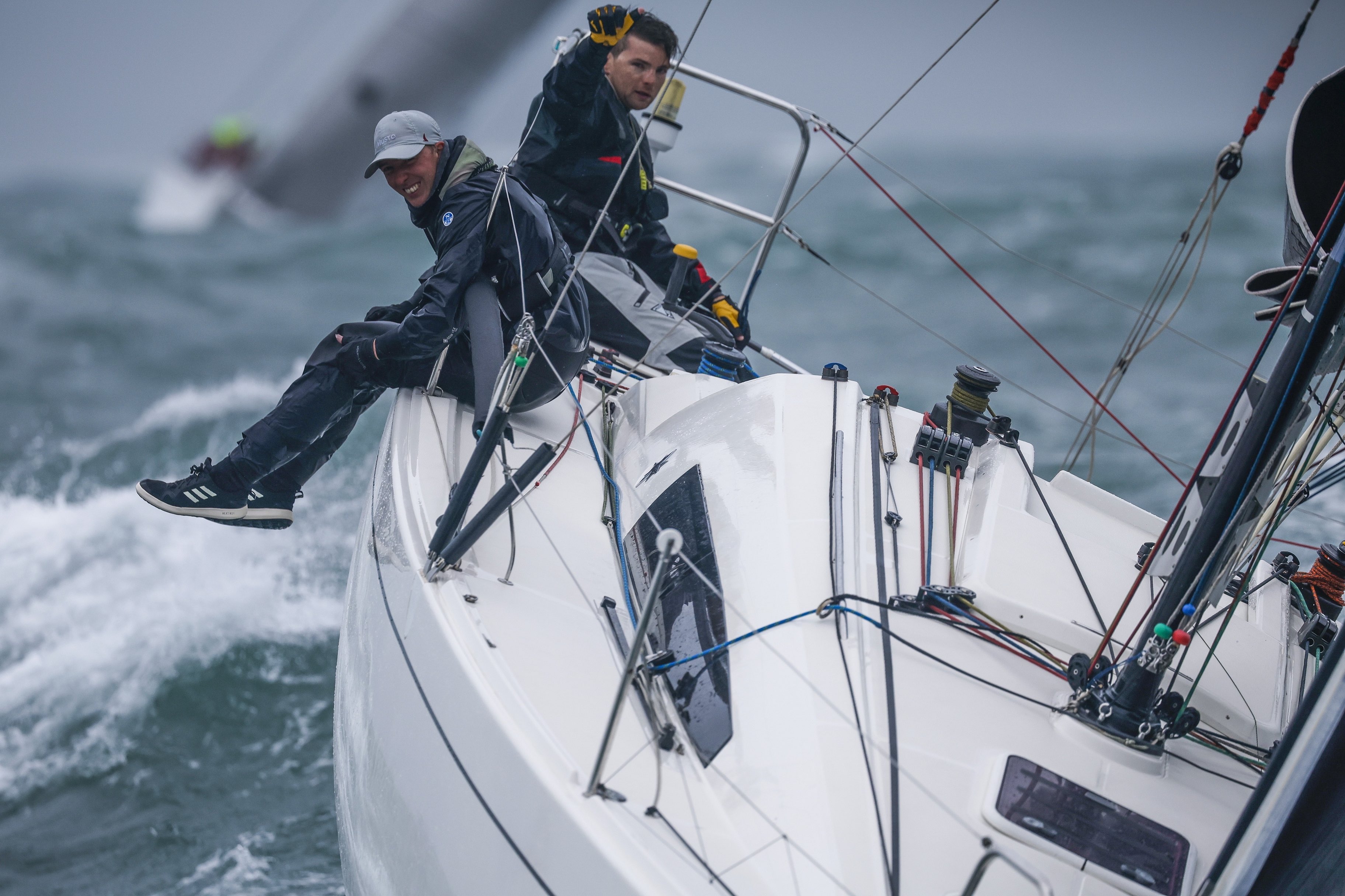 Tim Goodhew and Kelvin Matthews on board Sun Fast 3200 Cora at the brutal start of the race © Paul Wyeth/pwpictures.com