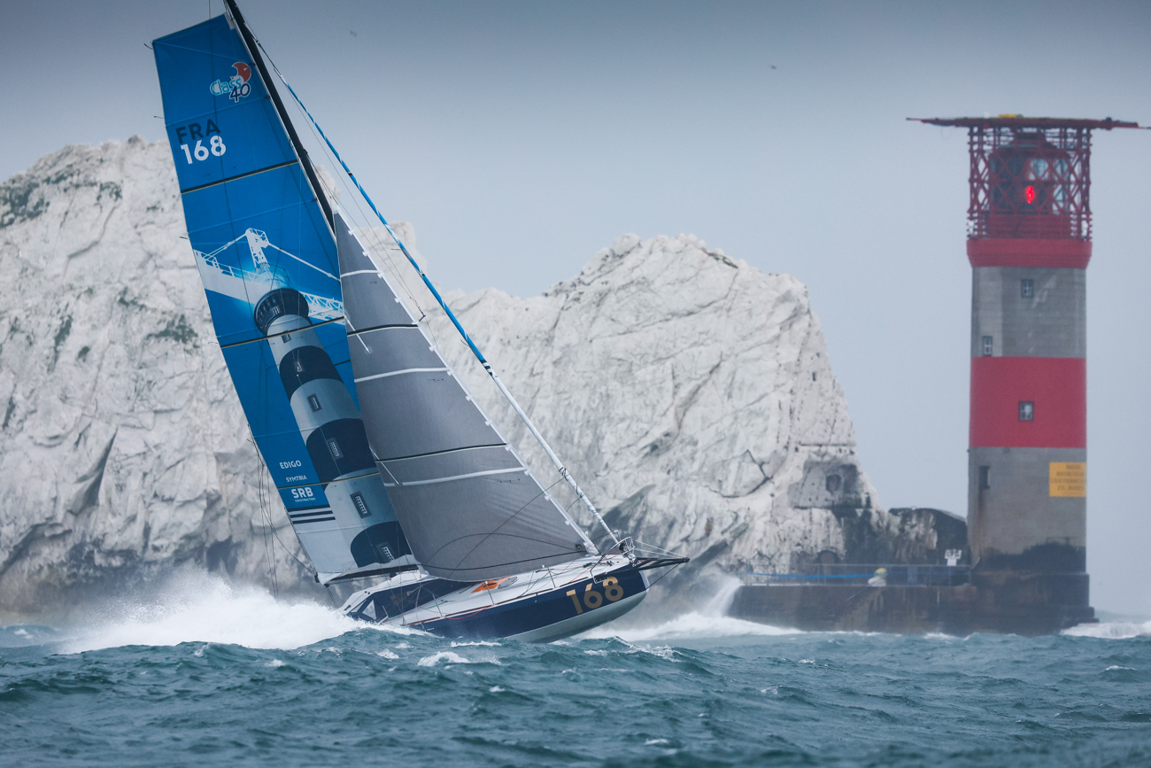 Renaud Courbon's The3Bros passing the Needles Lighthouse at the start of the race, prior to retiring © Paul Wyeth/www.pwpictures.com
