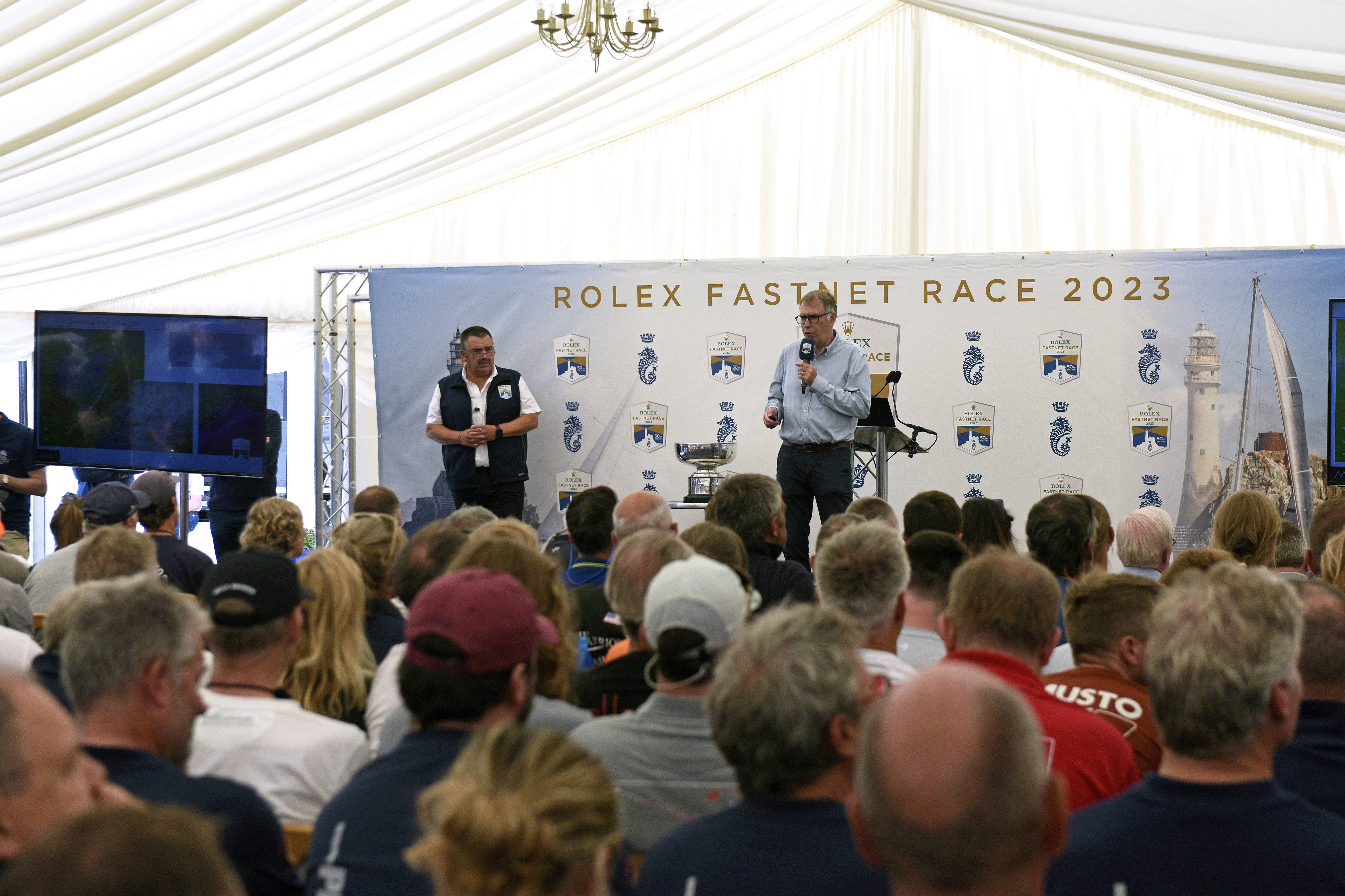 Christian Dumard, race meteorologist, briefs the competitors © Rick Tomlinson