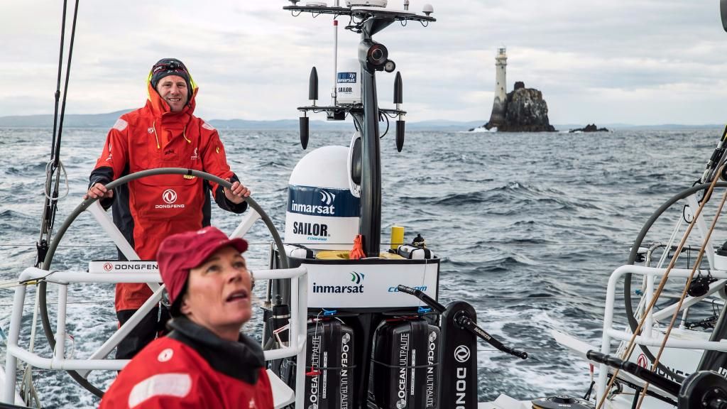 2017 Dongfeng Race team at the Fastnet Rock. Credit: Jeremie Lecaudey/Volvo Ocean Race