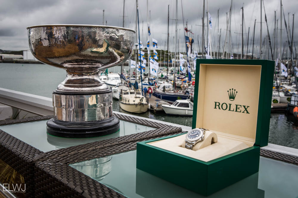 The winner of IRC Overall walks away with the 1925 original Fastnet Challenge Cup and a Rolex timepiece. Credit: ELWJ Photography/RORC