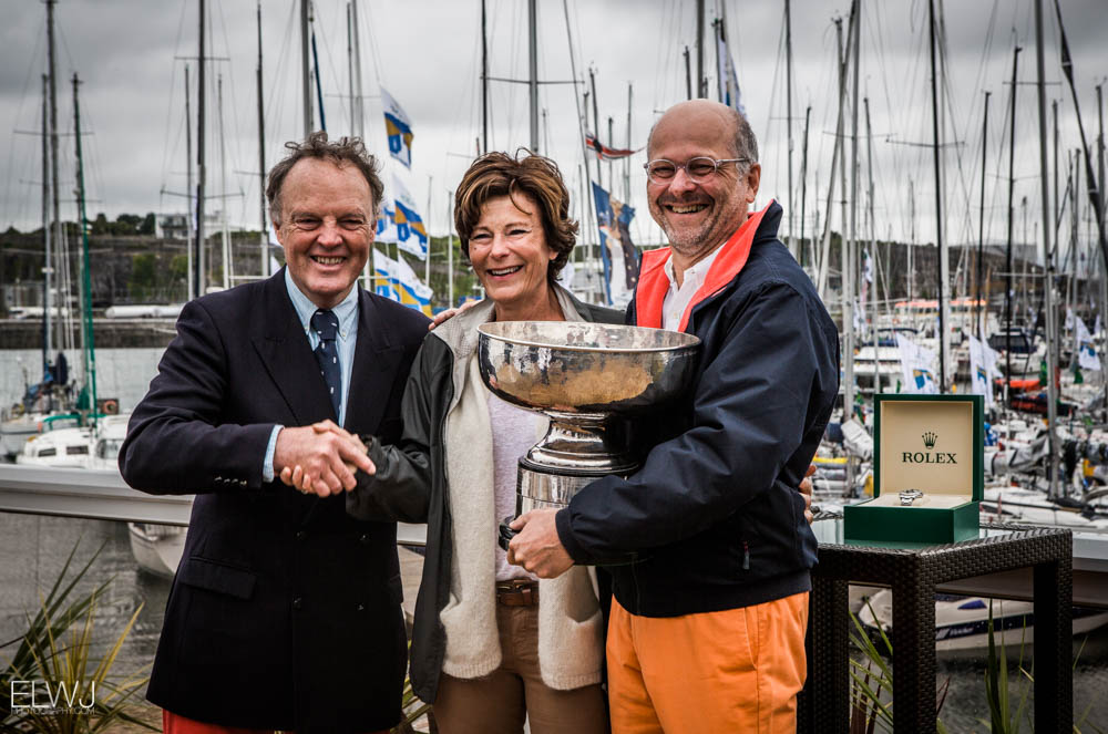 IRC Overall winner, taking home the Fastnet Challenge Cup is Didier Gaudoux with his JND 39, Lann Ael 2. He is joined by RORC Commodore Michael Boyd presenting Didier the original 1925 Fastnet Cup. Credit: ELWJ Photography/RORC