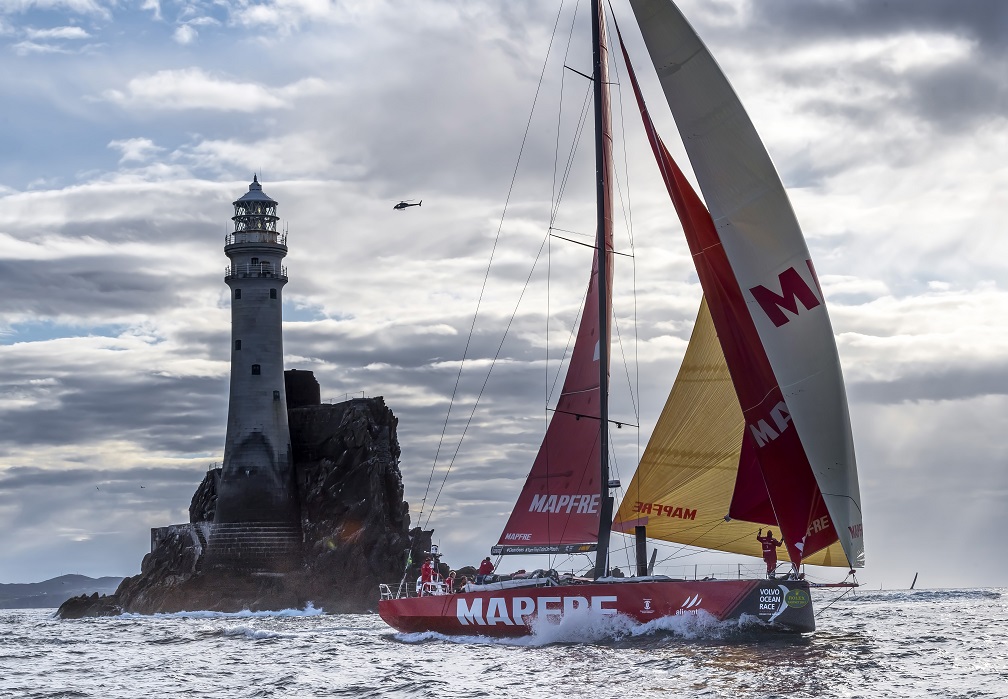 MAPFRE rounding the Fastnet Rock. Credit: ROLEX/Kurt Arrigo
