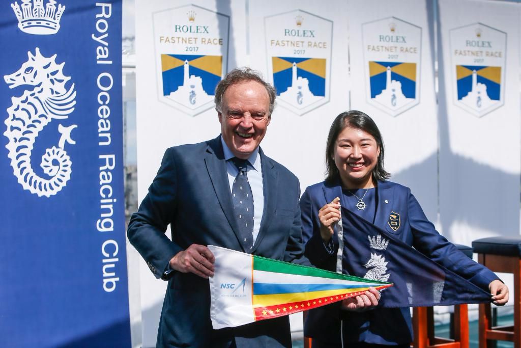 RORC Commodore Michael Boyd and Ting Lee of Noahs Sailing Club in Shanghai exchange club burgees  © Paul Wyeth/RORC