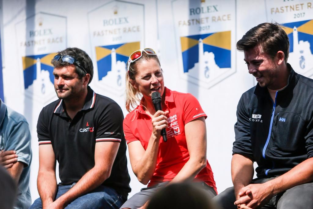 Vendée Globe and Volvo Ocean Race veteran Sam Davies will skipper Tanguy de Lamotte's foil-assisted IMOCA 60, Initiatives Coeur in the Rolex Fastnet Race (left: Alexis Loison (Night and Day),  middle: Sam Davies (initiatives Coeur), right: Ned Collier Wakefield (Concise 10) © Paul Wyeth/RORC
