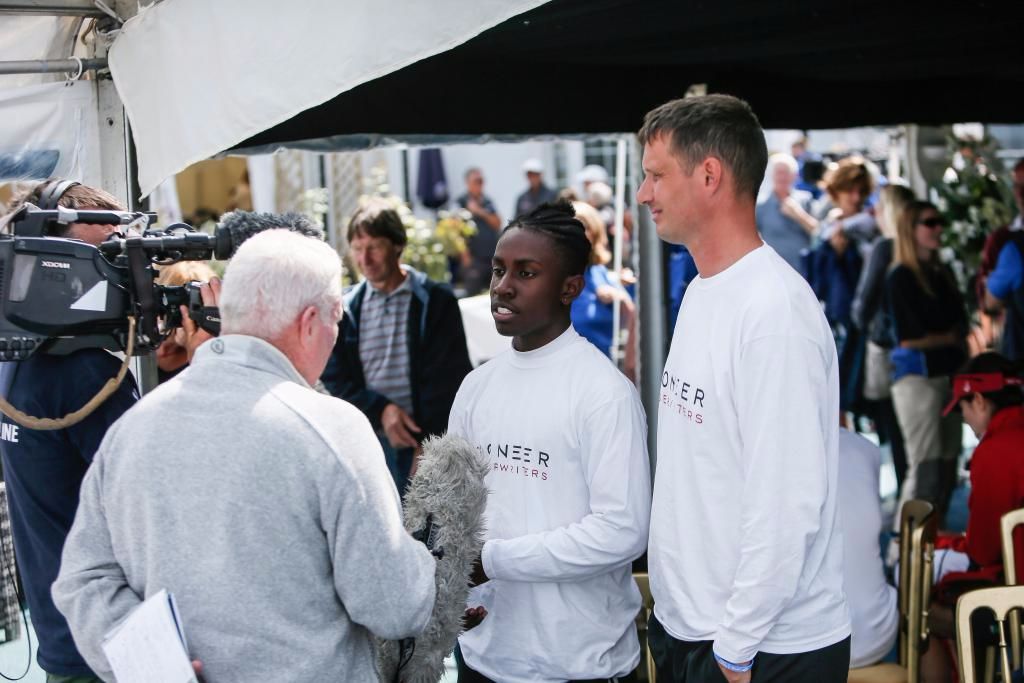 Seventeen-year-old Montel Fagan-Jordan, student from Greig City Academy is about to compete in his first ever Fastnet on the Frers 45 Scaramouche (right: Jon Holt, Head of Sixth Form) © Paul Wyeth/RORC
