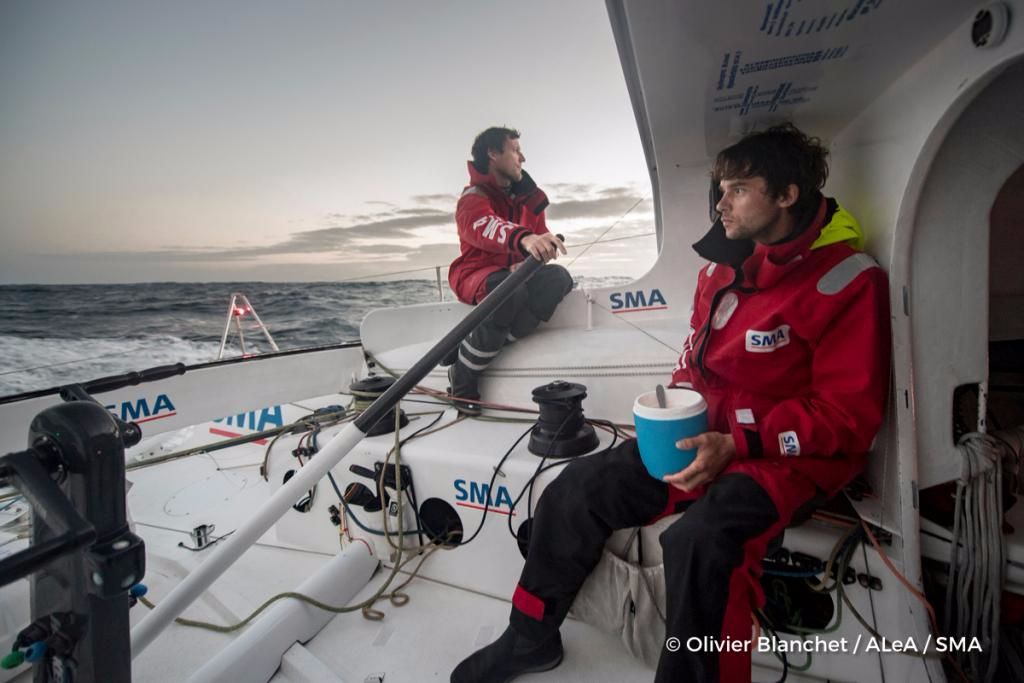 Paul Meilhat and Gwénolé Gahinet take turns onboard IMOCA 60, SMA. Credit: Olivier Blanchet
