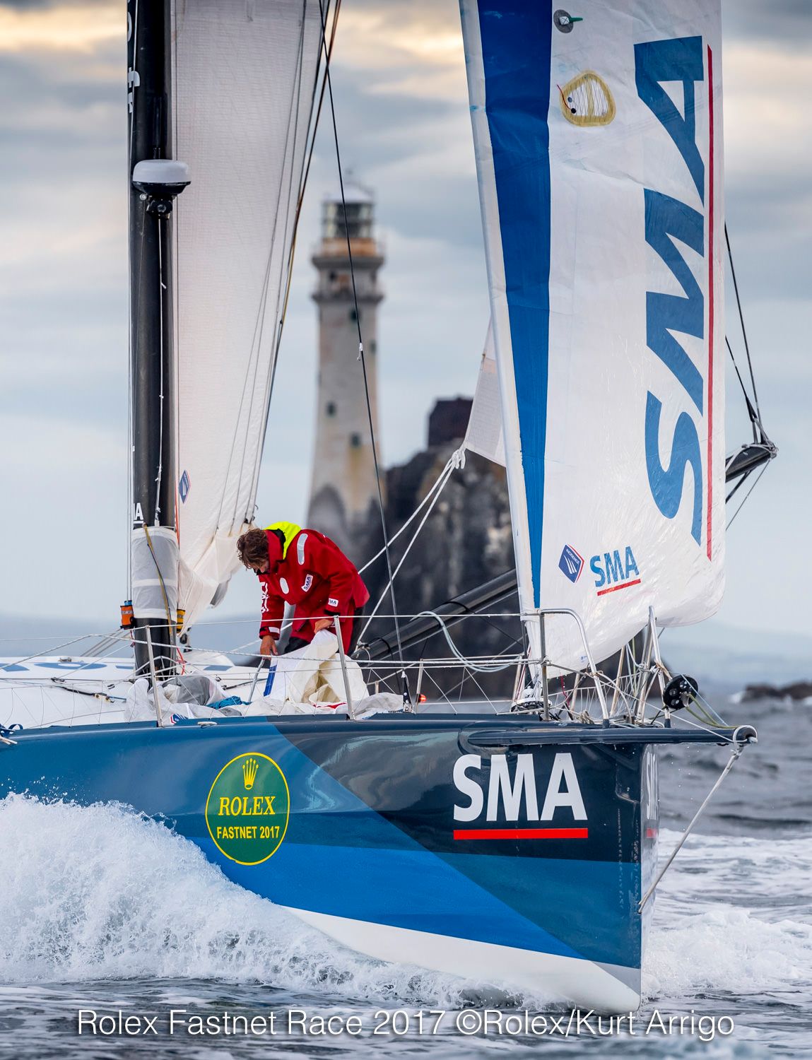 IMOCA 60, SMA, skippered by Paul Meilhat and Gwénolé Gahinet, rounding the Fastnet Rock. Credit: SMA 