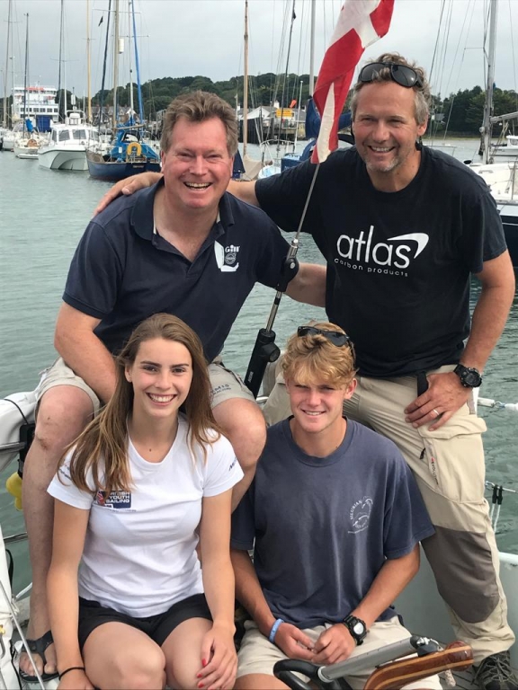 The Rogers family's Contessa 32, Assent, and crew before the start of the 48th Rolex Fastnet Race