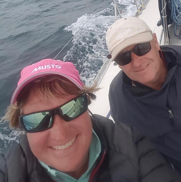 Charlene and Brian onboard AJ Wanderlust, racing in IRC Four