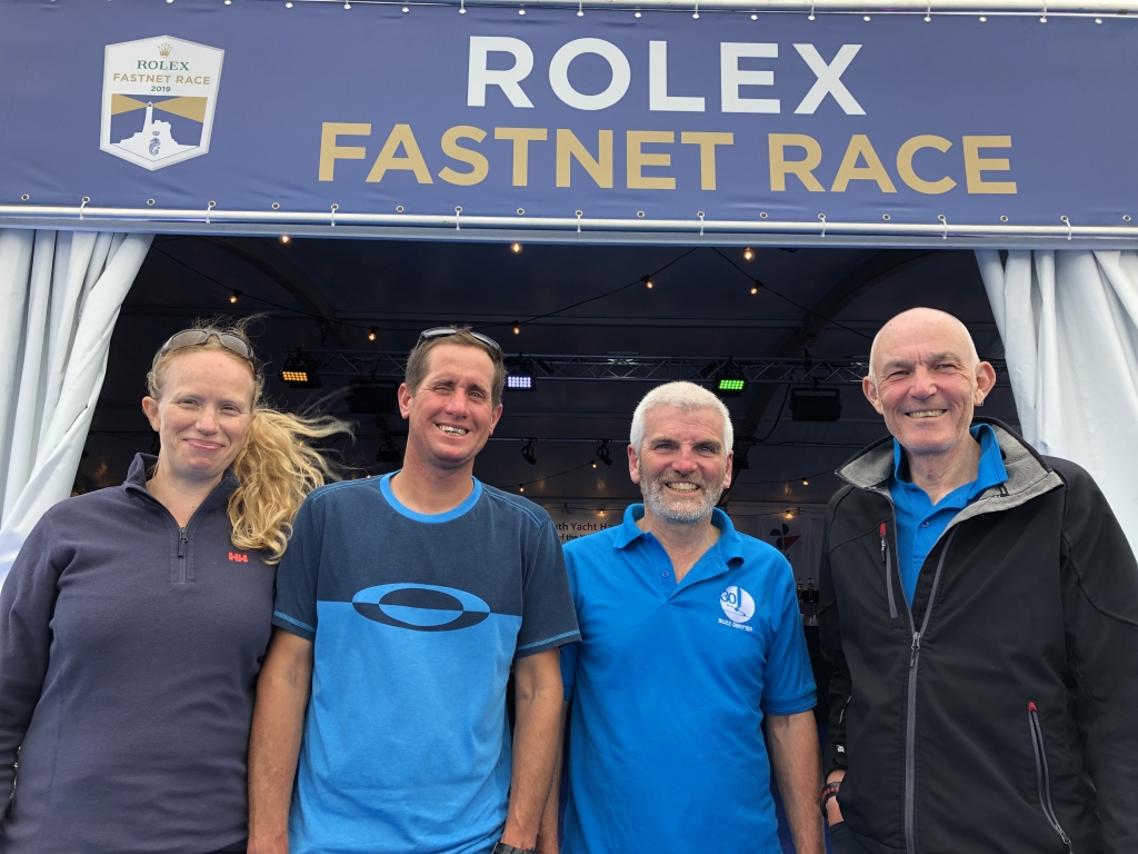 The crew of Buzz hit the bar in the Plymouth Race Village after a fast race back from the Rock © Louay Habib