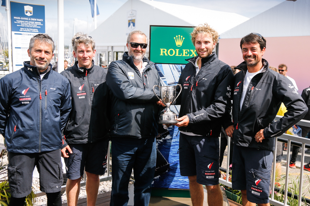 Luke Berry of Lamotte-Module Création and his crew are presented with the Class40 prize by RORC Commodore Steven Anderson © Paul Wyeth/www.pwpictures.com