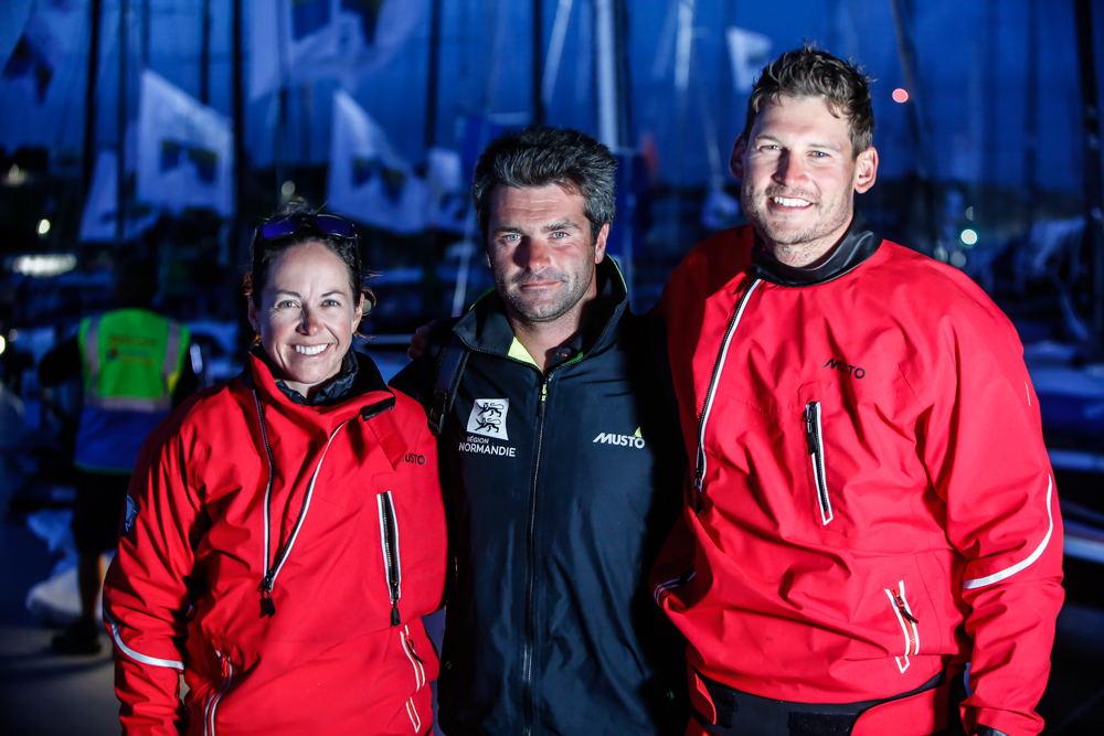 Hannah Diamond and Henry Bomby of Sun Fast 3300 Fastrak XII flank Alex Loison of IRC Three winner Léon © Paul Wyeth/www.pwpictures.com