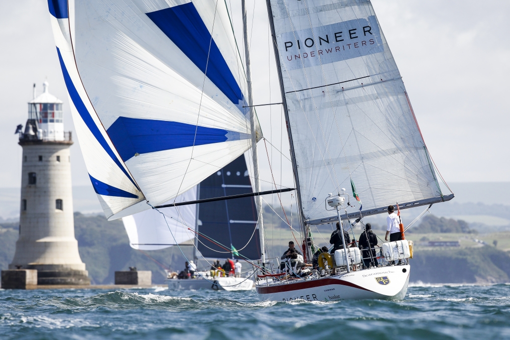 Scaramouche approaches the breakwater at the finish of the Rolex Fastnet Race © Paul Wyeth/www.pwpictures.com