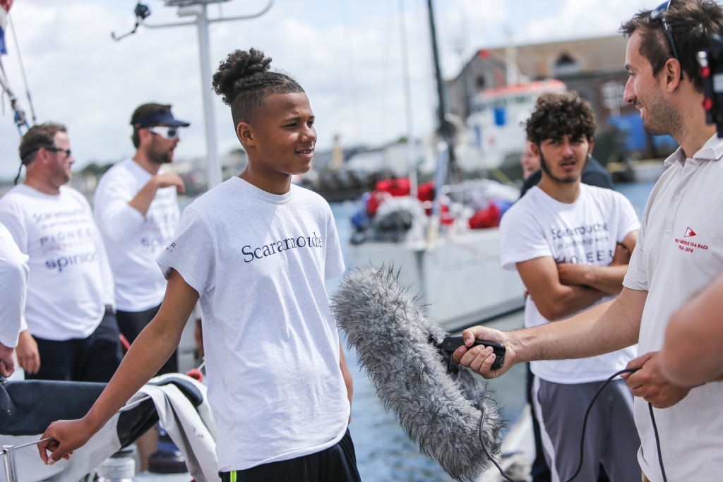 Scaramouche crew being interviewed after the finish of the 2019 Rolex Fastnet Race © Paul Wyeth/www.pwpictures.com
