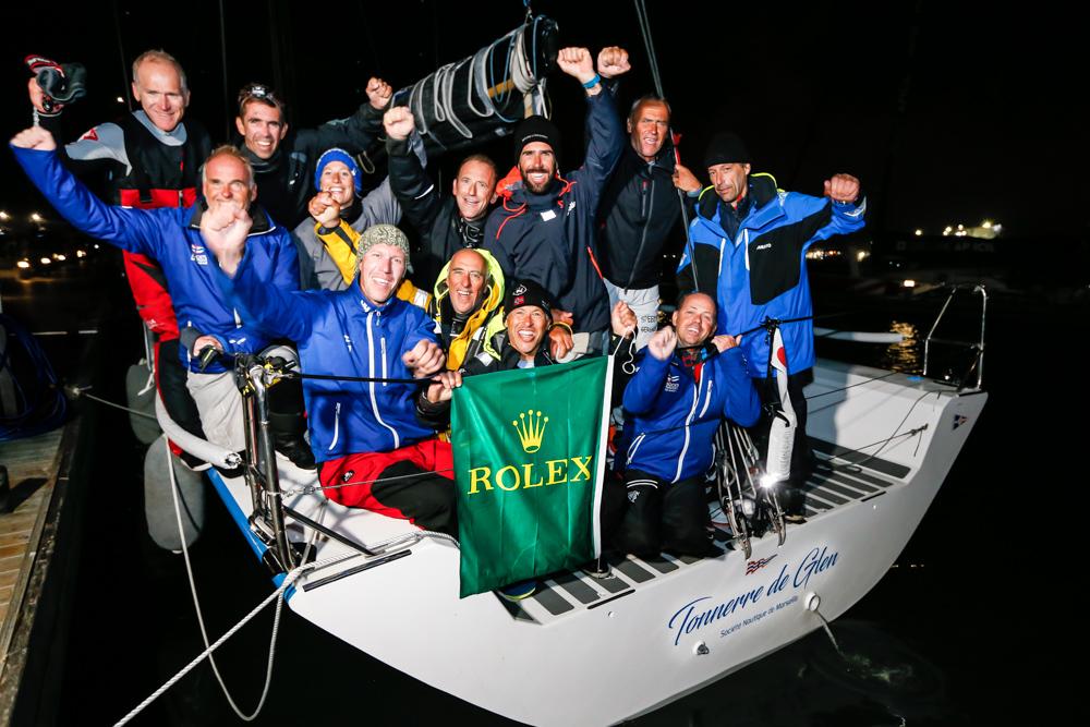 Smiling faces onboard Dominique Tian's Ker 46, Tonnerre de Glen confirms the end of a great race in Plymouth © Paul Wyeth/www.pwpictures.com 