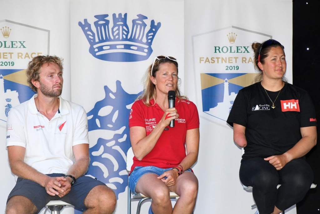 Luke Berry of Lamotte, Sam Davies of Initiatives Coeur and Hannah Stodel of Hannah Stodel Racing join the panel for the Press Conference © Rick Tomlinson/www.rick-tomlinson.com 
