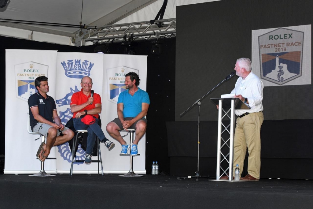 Matt Sheahan comperes the Press Conference, asking questions of Alexis Loison of Léon, Didier Gaudoux of Lann Ael 2 and Paul Moxon of Amokura © Rick Tomlinson/www.rick-tomlinson.com 