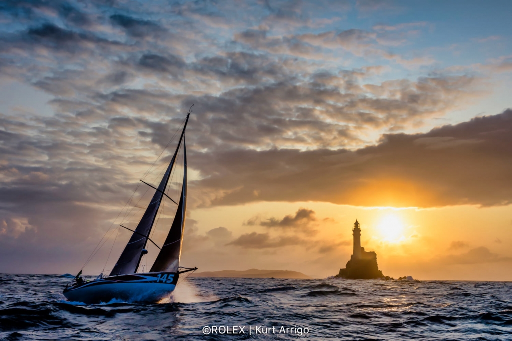 Catherine Pourre's Earendil which finished 3rd in class, rounding the Fastnet Rock © Kurt Arrigo/Rolex