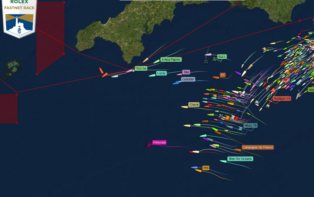 The bulk of the fleet are making forced to sail some wide angles as they make their way to Land's End