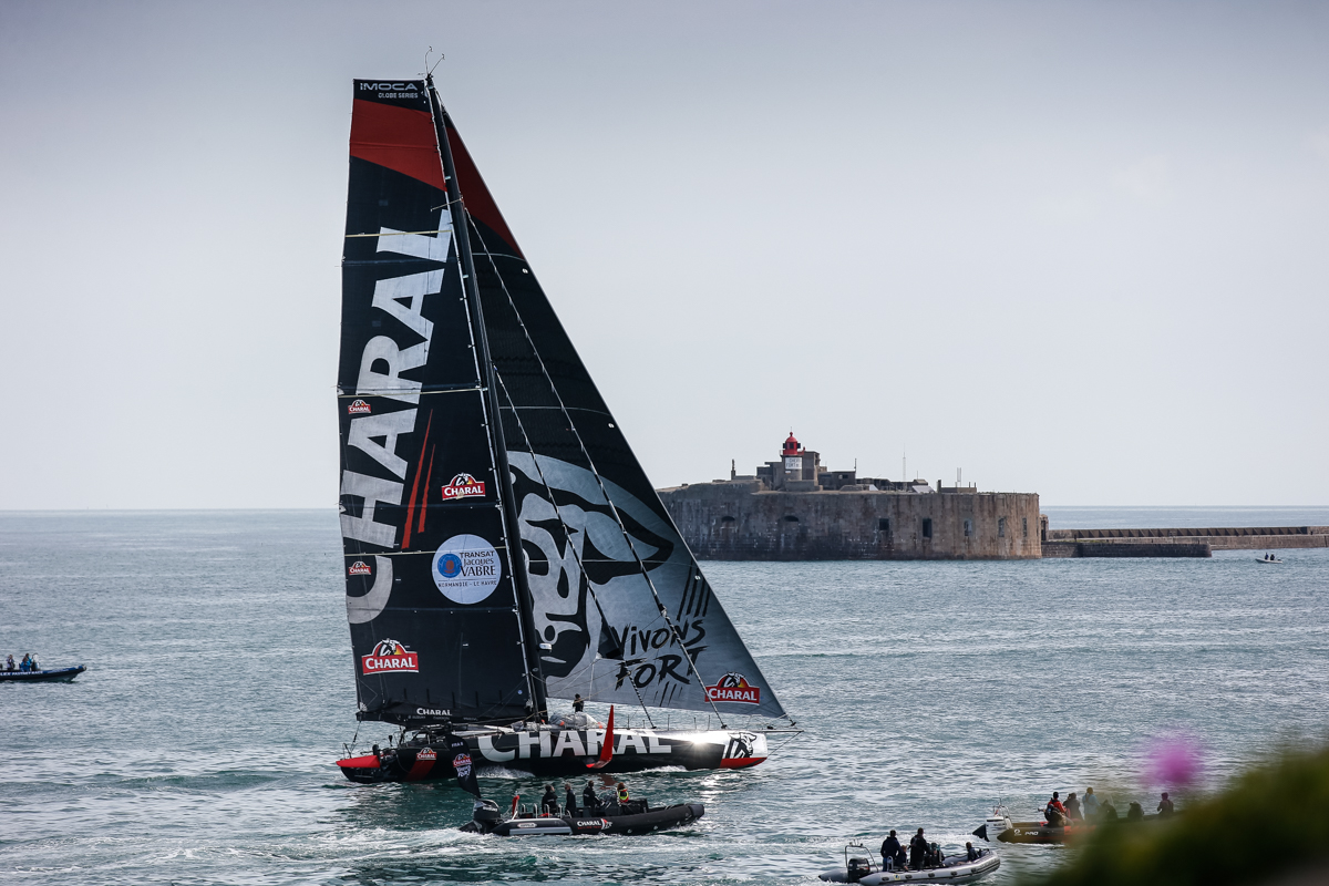Charal, sailed by Jeremie Beyou and Christopher Pratt, came in to finish second behind Apivia © Paul Wyeth/www.pwpictures.com