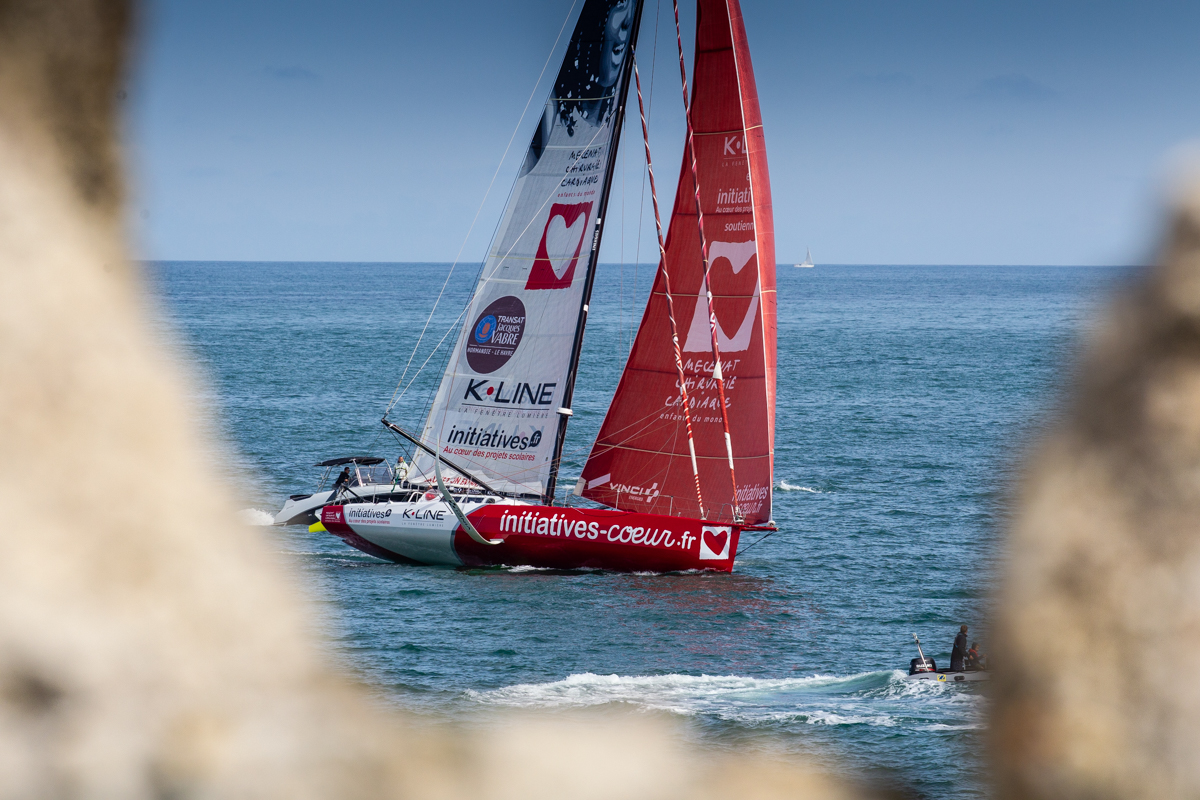 Sam Davies' and Nicholas Lunven, racing IMOCA Initiatives Coeurs, arrive in Cherbourg © Paul Wyeth/www.pwpictures.com