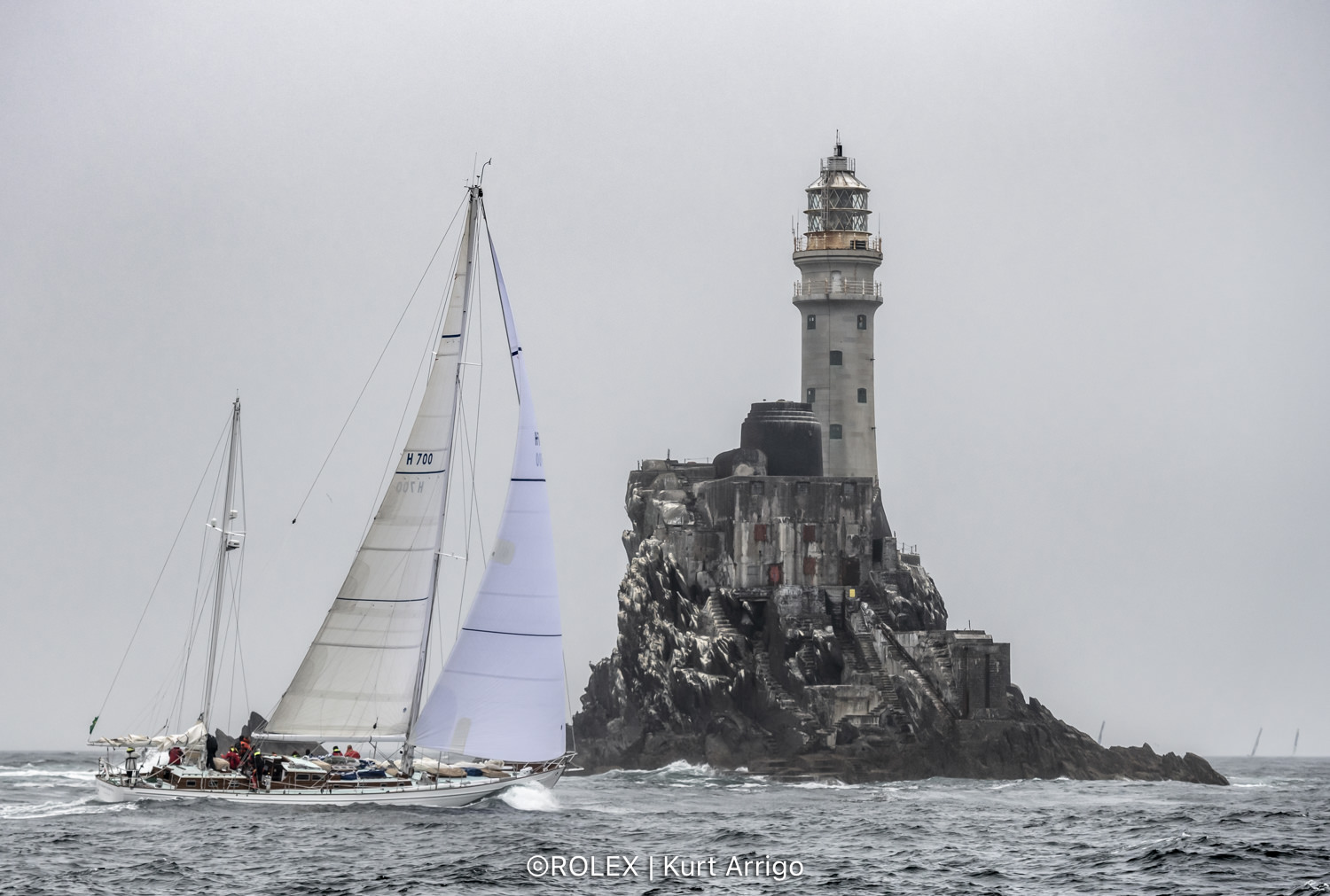 Stormvogel, the 73ft van de Stadt ketch skippered by Graeme Henry has finished the Rolex Fastnet Race once more, 60 years after their line honours victory © Kurt Arrigo/Rolex