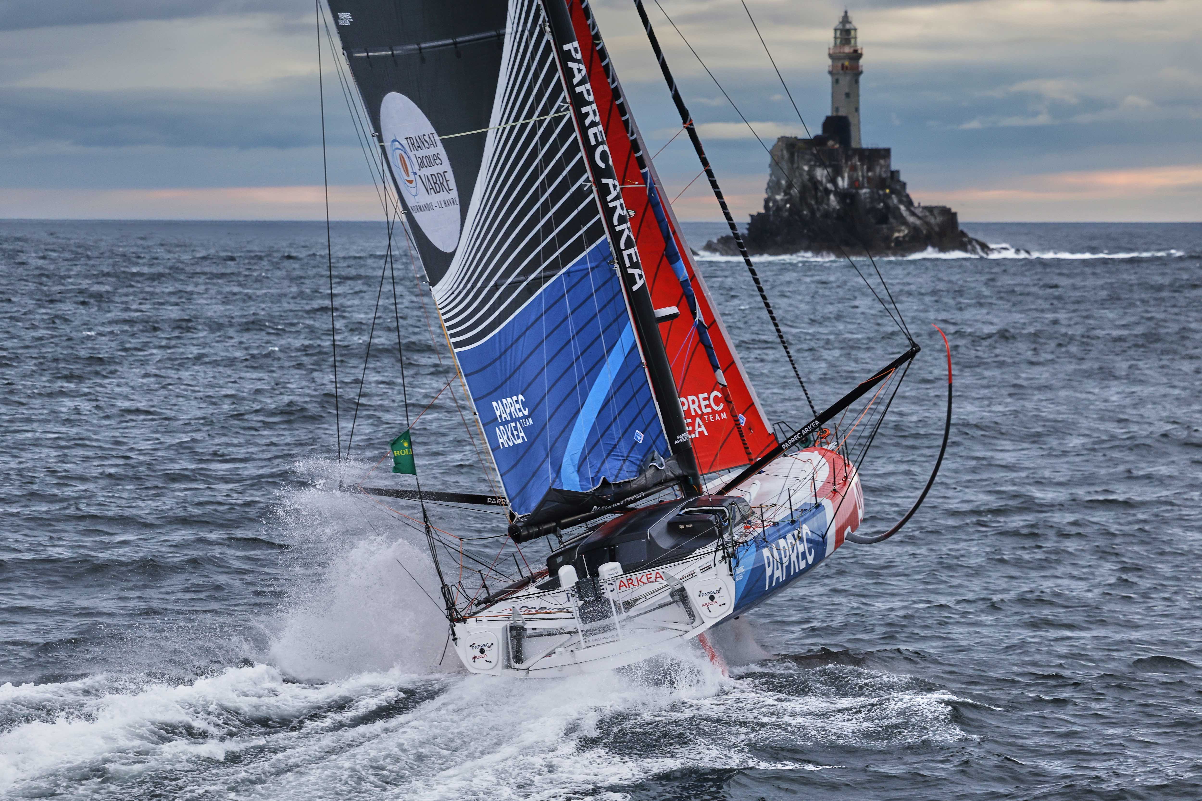 Yoann Richomme's IMOCA Paprec Arkea, on the approach to the Fastnet Rock, finished a close second to MACIF © ROLEX/Carlo Borlenghi